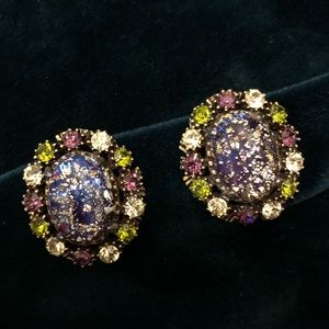 Vintage Tricolor Crystal Clip On Earrings